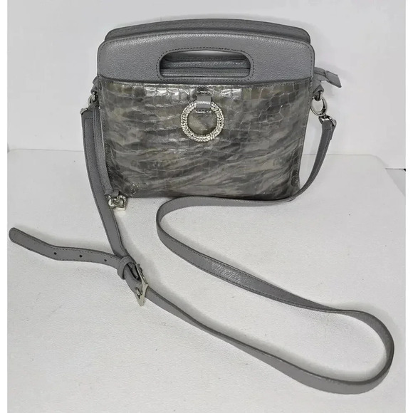 Brighton Sharona Dove Gray Handled Satchel Crossbody Purse Croc Embossed - Picture 2 of 16